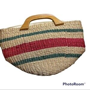 Straw Purse w/ Wooden Handles, Lined w/ Zipper